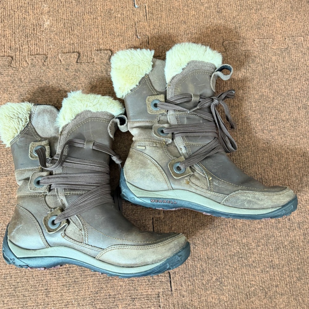 Merrell Bitter Chocolate Leather Faux Fur Winter Boots J55888 Brown Womens 9 C-